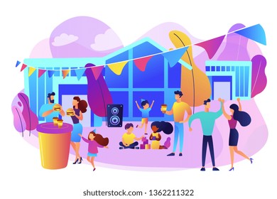 Tiny people with kids eating fast food and dancing, enjoying outdoor festival. Street party, pizza city fest, rib food festival concept. Bright vibrant violet vector isolated illustration