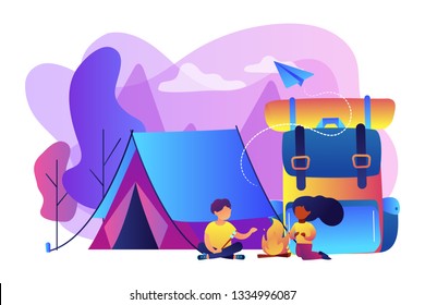 Tiny people kids sitting at campfire and roasting marshmallow near tent and huge backpack. Summer camp, sleepaway camp, kids vacation time concept. Bright vibrant violet vector isolated illustration