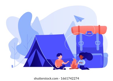 Tiny people kids sitting at campfire and roasting marshmallow near tent and huge backpack. Summer camp, sleepaway camp, kids vacation time concept. Pinkish coral bluevector isolated illustration