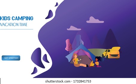 Tiny people kids sitting at campfire and roasting marshmallow near tent and huge backpack. Summer camp, sleepaway camp, kids vacation time concept. Website vibrant violet landing web page template.