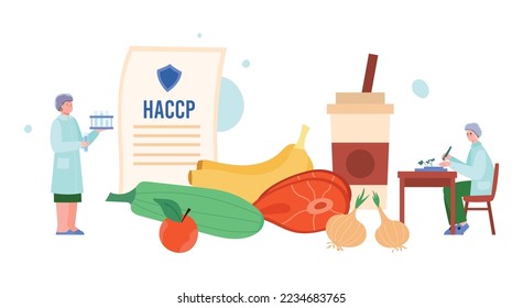 Tiny people in lab clothes checking quality of huge food with HACCP flat style, vector illustration isolated on white background. Safety, quality control, international standards