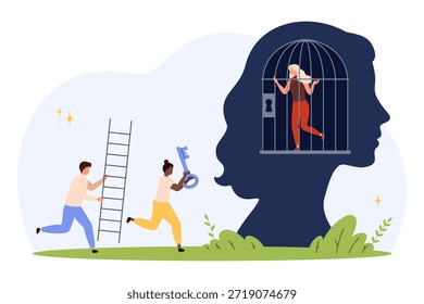 Pequeñas personas con escalera y llave ayudando a la mujer atrapada dentro de la jaula en forma de cabeza, simbolizando la superación de las barreras mentales, Asistencia, lucha psicológica, curación emocional, Ilustración vectorial aislada