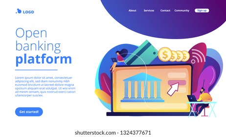 Kleine Leute mit Laptop und finanzieller digitaler Transformation. Offene Bankplattform, Online-Banking-System, Finanzierung digitaler Transformation Konzept. Website lebendige violette Landing-Website-Vorlage.