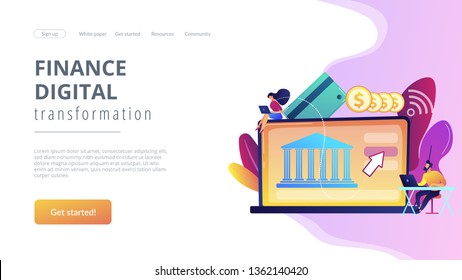 Kleine Leute mit Laptop und finanzieller digitaler Transformation. Offene Bankplattform, Online-Banking-System, Finanzierung digitaler Transformation Konzept. Website lebendige violette Landing-Website-Vorlage.