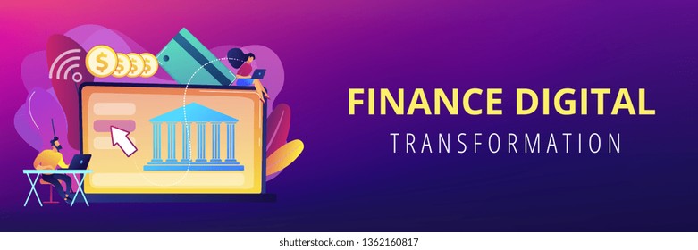 Tiny People With Laptop And Financial Digital Transformation. Open Banking Platform, Online Banking System, Finance Digital Transformation Concept. Header Or Footer Banner Template With Copy Space.