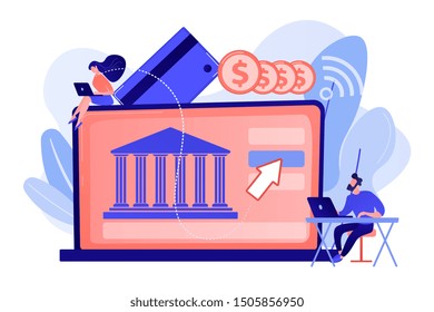 Tiny people with laptop and financial digital transformation. Open banking platform, online banking system, finance digital transformation concept. Living coral bluevector isolated illustration