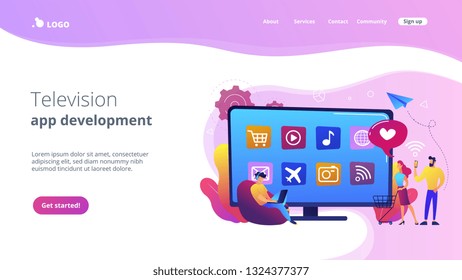 Tiny people with laptop, shopping cart using smart TV with apps. Smart TV applications, smart TV marketplace, television app development concept. Website vibrant violet landing web page template.