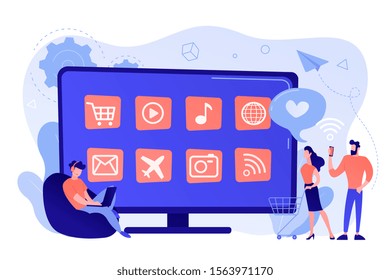 Tiny people with laptop, shopping cart using smart TV with apps. Smart TV applications, smart TV marketplace, television app development concept. Pinkish coral bluevector isolated illustration