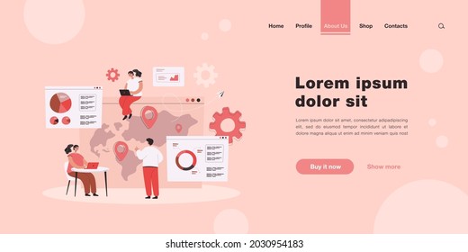Tiny people with laptops doing global business research flat vector illustration. Cartoon characters watching giant world map on screen. Development and international extension strategy concept