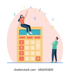 Tiny people and large calculator. Finance, digit, conversion flat vector illustration. Accounting and calculation concept for banner, website design or landing web page