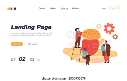 Tiny people learning artificial intelligence flat vector illustration. Cartoon scientists standing near giant brain with neural network. Data science, computing and machine technology concept