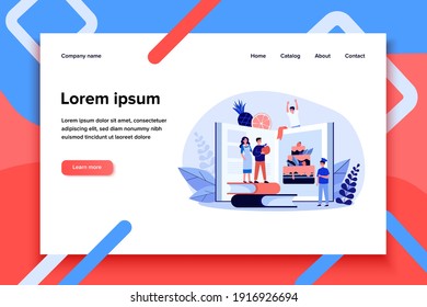 Tiny people learning culinary course. Cake, dessert, sweet flat vector illustration. Education and cuisine concept for banner, website design or landing web page