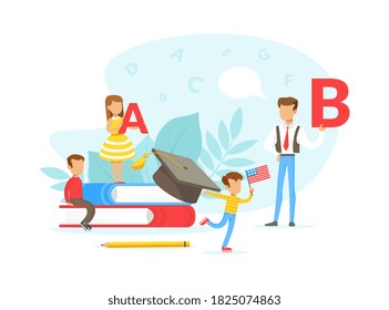 Tiny People Learning Foreign Language, Teacher Teaching Primary School Kids, Language School Flat Vector Illustration