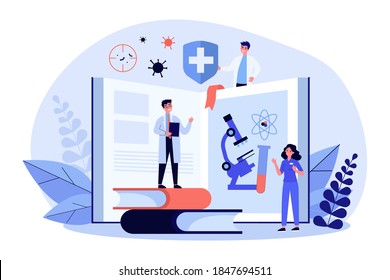 Kleine Leute lernen Medizin. Buchen, Doktor, studieren Sie flache Vektorgrafik. Bildungs- und Virologie-Konzept für Banner, Website-Design oder Landing-Website