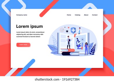 Tiny people learning medicine course. Book, doctor, study flat vector illustration. Education and virology concept for banner, website design or landing web page