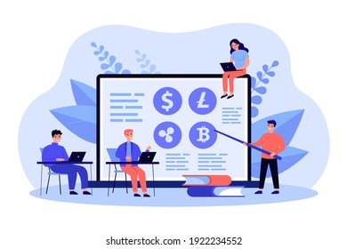 Tiny people learning at trading school or academy flat vector illustration. Cartoon sitting at desk in front of big screen. Financial literacy education and cryptocurrency concept