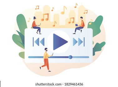 Tiny people listen music, sound, audio or radio online with smartphone app or laptop. Media player. Music play list. Modern flat cartoon style. Vector illustration on white background