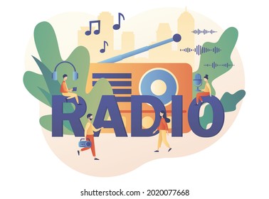 Tiny people listening boombox On-air, audio, music, talk show, interviews of guest online. Radio - big text. Retro old radio. Modern flat cartoon style. Vector illustration on white background