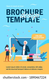 Kleine Leute hörten Lektoren auf dem Computerbildschirm zu. Buch, Schüler, Lehrer, flache Vektorgrafik. Lernkonzept und Online-Schulungskonzept für Banner, Website-Design oder Landing-Webseite