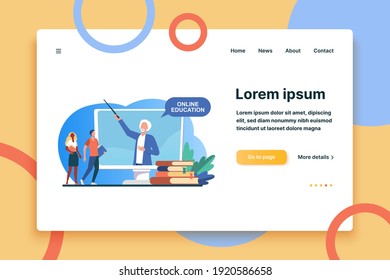 Tiny people listening lecturer on computer screen. Book, student, teacher flat vector illustration. Study and online education concept for banner, website design or landing web page