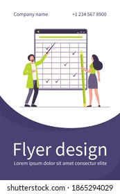 Tiny people looking at checkmarks in huge table. Pencil, woman, mark flat vector illustration. Report and digital technology concept for banner, website design or landing web page