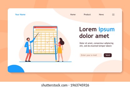 Tiny people looking at checkmarks in huge table. Pencil, woman, mark flat vector illustration. Report and digital technology concept for banner, website design or landing web page