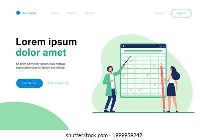 Tiny people looking at checkmarks in huge table. Pencil, woman, mark flat vector illustration. Report and digital technology concept for banner, website design or landing web page
