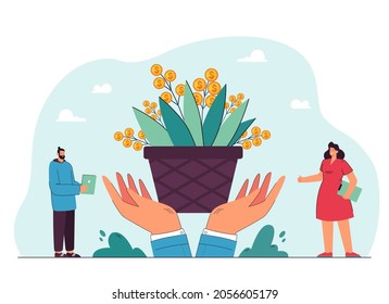 Tiny people looking at money tree with huge hands holding it. Metaphor of profit growth flat vector illustration. Business owner, business growth concept for banner, website design or landing web page