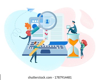 Tiny People are looking for the right staff online, posting vacancies on the Internet, concluding employment contracts and teamwork Vector illustration