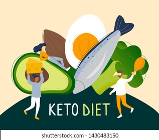 Tiny people with low carb products. Flat modern trendy style.Vector illustration character icon. Keto diet concept.