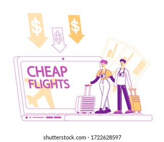 Tiny People with Luggage Book Cheap Flight, Saving Vacation Budget Concept. Male and Female Couple Characters Buying Airplane Tickets Online Save Money for Holidays Travel. Linear Vector Illustration
