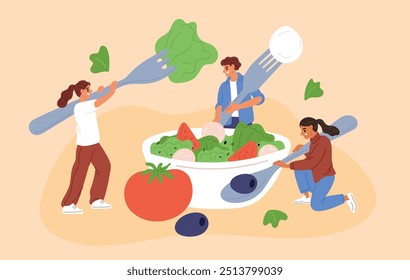 Las personas diminutas hacen Grandes tazones de ensalada con verduras. Chicos y chicas con grandes cubiertos. Comida para el almuerzo. Los hombres sostienen cucharas. Las mujeres comen con tenedores. Tomate fresco. Hojas de lechuga