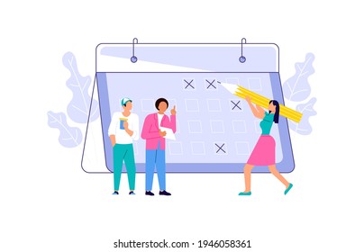 Tiny people make an online schedule in the huge calendar
