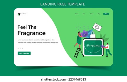 Tiny people making aromatic perfume, cartoon persons with flowers, deodorant flat landing page vector design