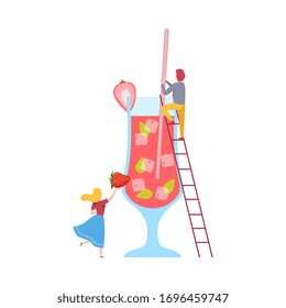 Tiny People Making Cocktail, Young Man and Woman Putting Berries to Big Glass with Juice and Straw, Cold Sweet Summer Drink Vector Illustration