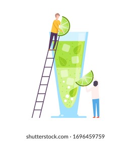 Tiny People Making Cocktail, Young Men Putting Lime Slices to Big Glass with Juice Using Ladder, Cold Sweet Summer Drink Vector Illustration