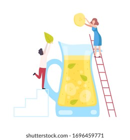 Tiny People Making Cocktail, Young Man and Woman Putting Slices of Apple and Mint Leaf to Big Glass Jug with Juice Using Ladder, Cold Sweet Summer Drink Vector Illustration