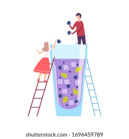 Tiny People Making Cocktail, Young Man and Woman Putting Blueberries to Big Glass with Juice Using Ladders, Cold Sweet Summer Drink Vector Illustration