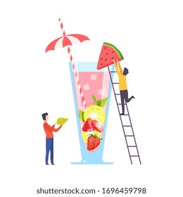 Tiny People Making Cocktail, Young Men Putting Fruits to Big Glass with Juice Using Ladder, Cold Sweet Summer Drink Vector Illustration