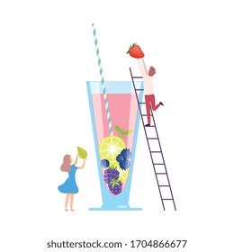 Tiny People Making Cocktail, Young Man and Woman Putting Berries and Mint Leaf to Big Glass with Juice and Straw Using Ladder, Cold Sweet Summer Drink Vector Illustration