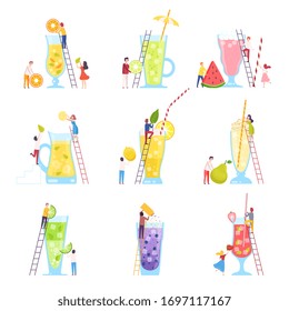 Tiny People Making Cocktails Collection, Young Men and Women Putting Ingredients to Big Glass with Juice, Cold Sweet Summer Drinks Vector Illustration