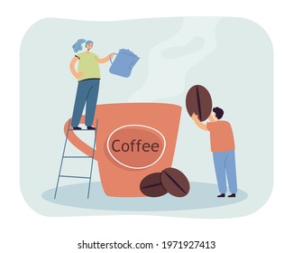 Tiny people making coffee. Female character pouring hot water into mug, man holding coffee bean flat vector illustration. Coffee shop, teamwork concept for banner, website design or landing web page