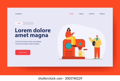 Tiny people making coffee. Male character holding coffee bean, female sitting on coffeemaker. Talking to each other. Coffee break concept for banner, website design or landing page