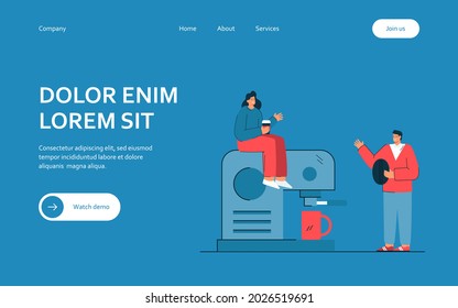 Tiny people making coffee. Male character holding coffee bean, female sitting on coffeemaker. Talking to each other. Coffee break concept for banner, website design or landing page
