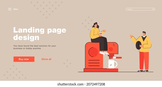 Gente pequeña haciendo café. Carácter masculino sosteniendo grano de café, hembra sentada en cafetera. Hablar entre ellos. concepto de descanso para café para banner, diseño de sitio web o página de inicio