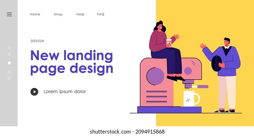 Tiny people making coffee. Male character holding coffee bean, female sitting on coffeemaker. Talking to each other. Coffee break concept for banner, website design or landing page