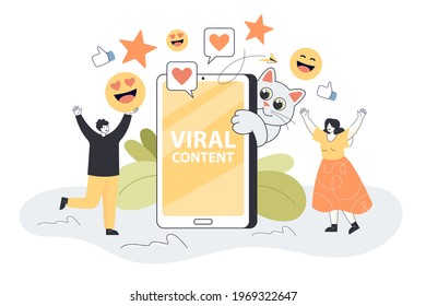 Tiny people making digital content on smartphone. Cartoon characters with huge cat, likes flat vector illustration. Social media, content concept for banner, website design or landing web page