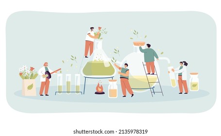 Tiny people making essential oils flat vector illustration. Laboratory workers mixing herbs and ingredients in distiller for production skin care or beauty products. Chemistry, cosmetology concept