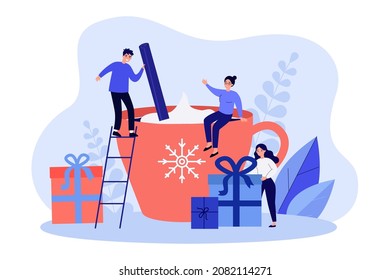Tiny people making hot drink together. Cup of coffee with cream surrounded by gift boxes flat vector illustration. Christmas holiday, wintertime concept for banner, website design or landing web page