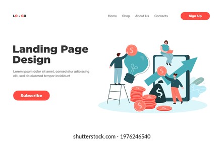 Tiny people making investment into idea, creative project. Flat vector illustration. Investors team pouring cash into venture, promising online innovation. Finance, money, credit, partnership concept